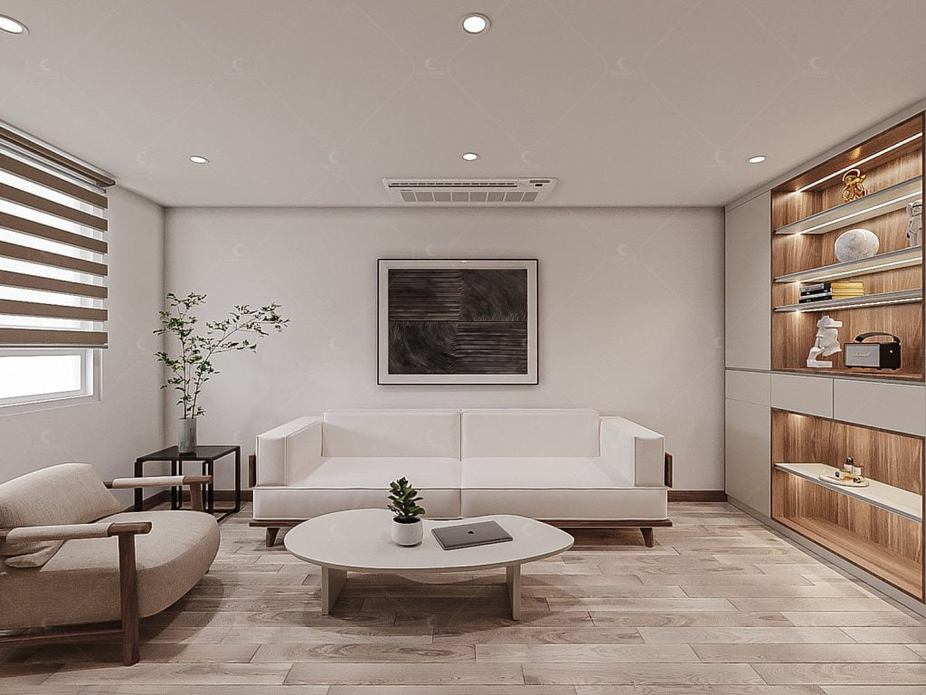 Phòng khách mang đến sự tĩnh tại, thanh lịch và giản dị, tạo cảm giác thư thái cho người sử dụng