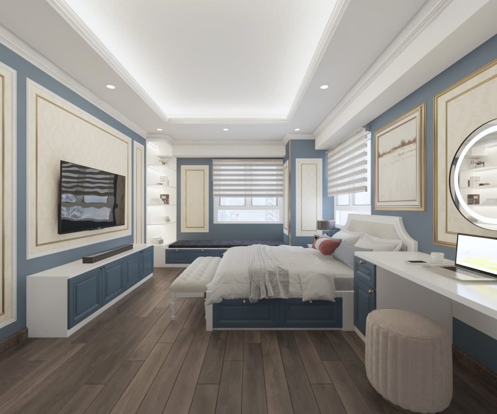 Giường ngủ kết hợp cùng hộc chứa đồ giúp căn phòng gọn gàng mà vẫn đảm bảo tiện nghi