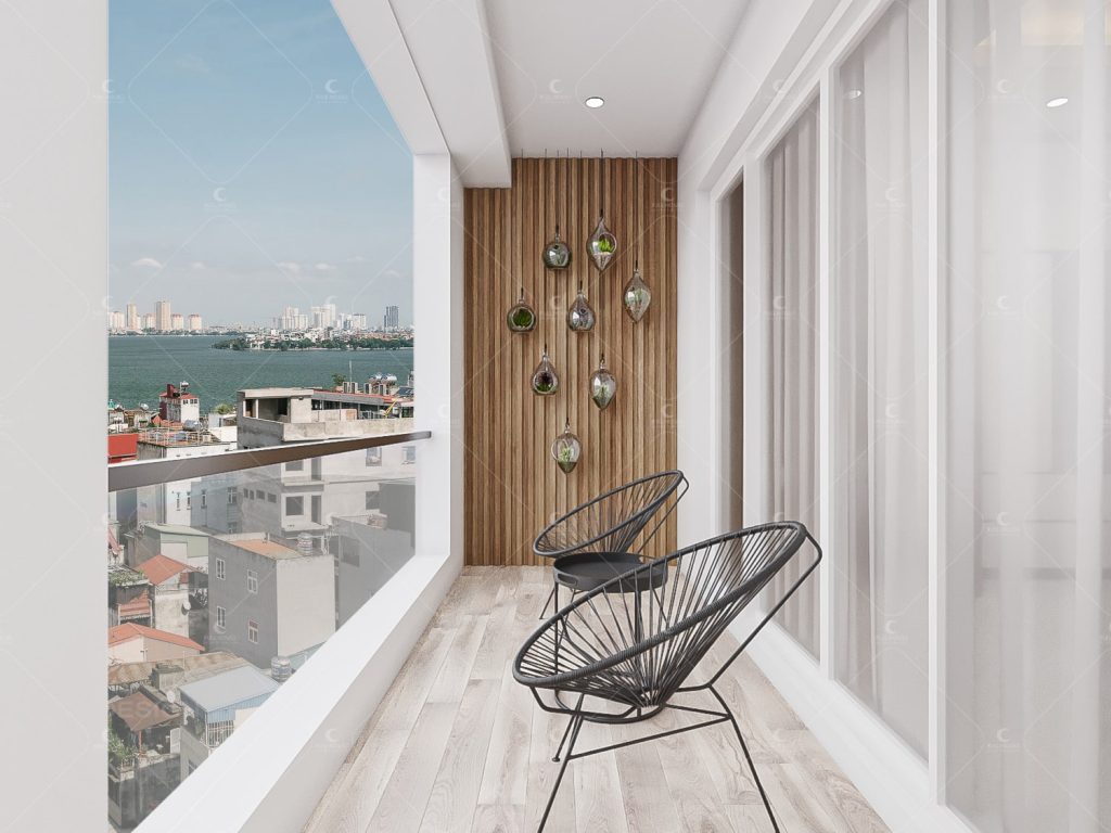 Ban công được các KTS Full House thiết kế thêm hệ lam gỗ trang trí
