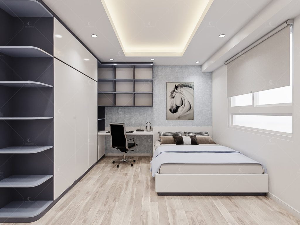 Phòng ngủ phụ được bố trí bàn làm việc cùng hệ tủ sang trọng