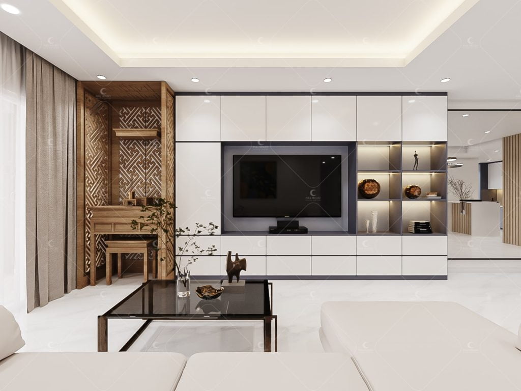 Chất liệu được dùng gồm gạch, đá hoa cương, ceramic và gỗ trang trí, giúp không gian mang tính hiện đại, thời thượng