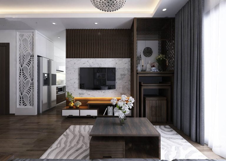 Thiết kế phòng khách chung cư có bàn thờ hợp phong thủy